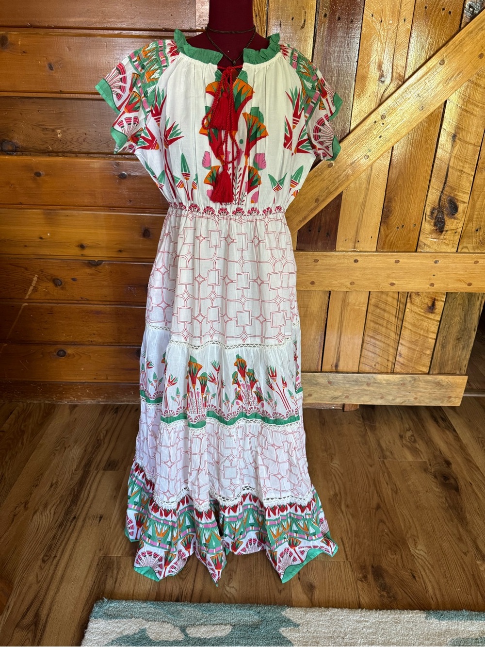 POL NWTEmbroidered White Maxi Dress with Red & Green Floral Accents